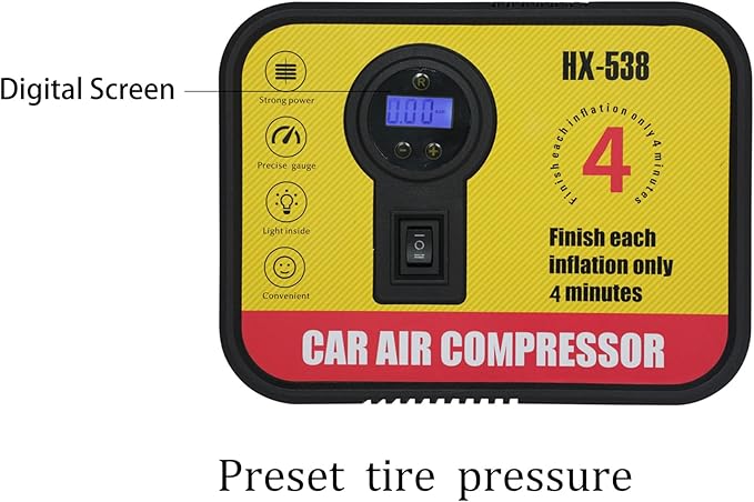 Portable Tire Inflator Air Compressor Pump Pressure with Digital Screen and LED Light Vent 竊똏reset tire pressure for Car Motorcycle Bike Ball DC 12V Fast Inflation