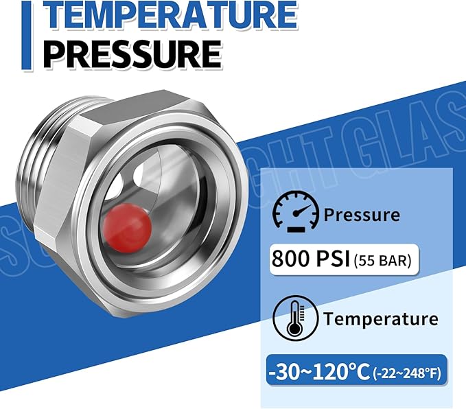 Boltigen 1-1/2'' NPT Male Hex Head Stainless Steel Oil Sight Glass, Liquid Level Gauge Oil Indicator Window for Air Compressor Gearbox Fittings Hydraulic Tank Sight Glass (1-1/2'' NPT Male)