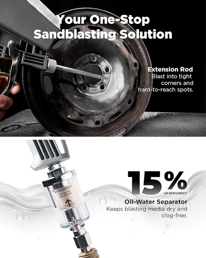 Inokraft Leak-Proof Portable Sand Blaster Gun Kit with Oil-Water Separator & Extension Nozzle,Mini Sandblaster for Rust & Paint Removal, Compatible with Aluminum Oxide, Sand, Walnut Shell & Soda