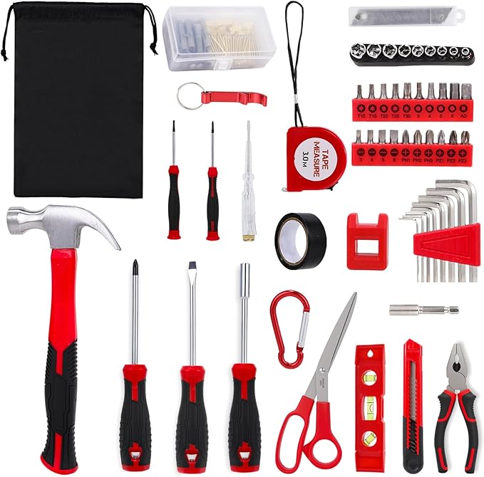 57-Piece Automotive and Household Tool Set - Tape Measure, Screwdrivers, Hammer, Pliers, Hexagon, Batch Head, Repair Hand Tools Perfect for Car Enthusiasts and DIY Home Repair