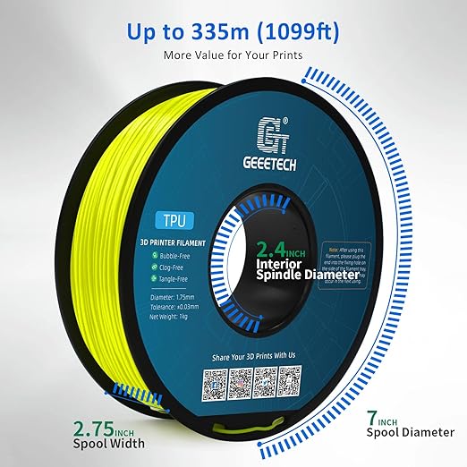 Geeetech TPU Filament 1.75mm, Shore 95A Flexible 3D Printer Filament with High Elasticity, 1KG (2.2lbs) Spool, Dimensional Accuracy 짹0.03mm, Fits Most FDM Printers (Yellow)