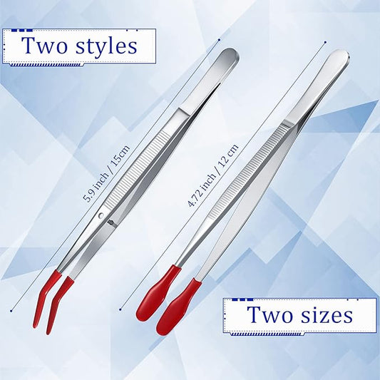 Honoson 4 Pieces Rubber Tipped Tweezers PVC Silicone Tip Tweezers Coated Flat and Bent Forceps for Lab Industrial Jewelry Craft Coin Stamp Tongs(Red)