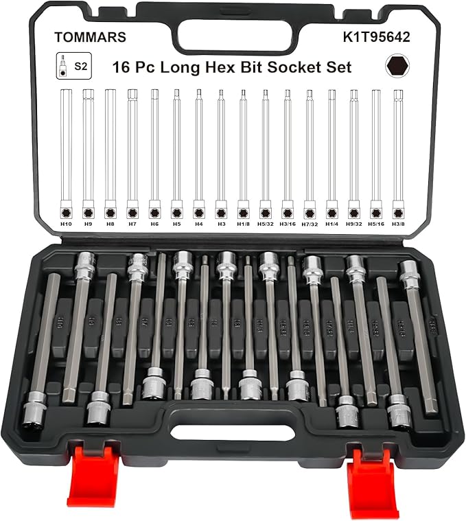 TOMMARS 16-Pc Long Hex Bit Socket Set, Extra Long Allen Socket Set, CR-V and S2 Steel, SAE & Metric 1/8-3/8 in., 3-10 mm.
