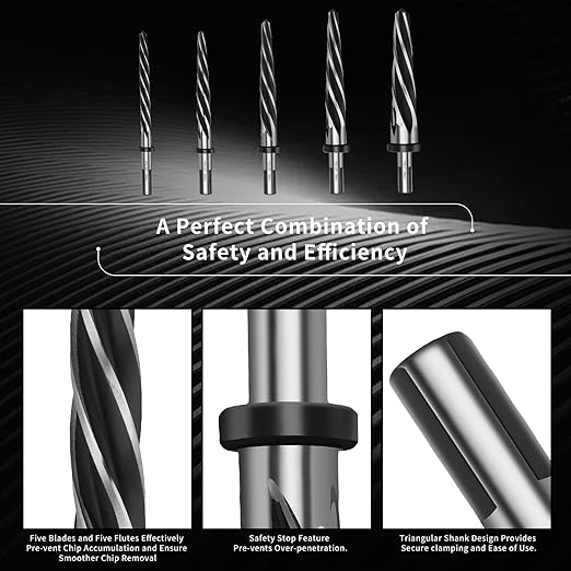 5PCS(3/8" 1/2" 5/8" 3/4" 1") Reamer Drill Bit,M2 HSS Tapered Reamer Drill Bit for Metal Wood Plastic, Bridge Construction Reamer with Non-Slip Shank,5-Spiral Flutes Bit