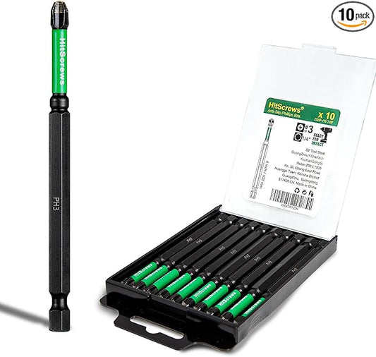 PH3 Anti-Slip Phillips Bits 4 Inch, 10 Pack ??Long Magnetic S2 Tool Steel Impact Driver Bits #3 with CNC Machined Tip, Laser Grip for Power Drill and Heavy-Duty Construction