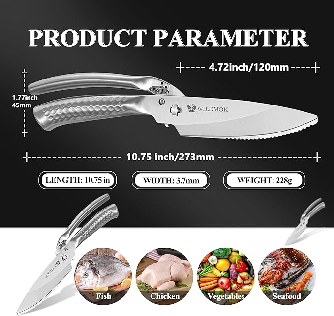 WILDMOK Heavy Duty Poultry Kitchen Shears ??Multi-function Stainless Steel Poultry Shears, Ultra Sharp All Purpose Kitchen Scissors Cutting Chicken Meat, Turkey, Fish