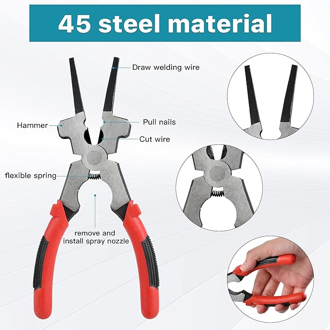 4-Piece Welding Slag Removal Tool Set - 10 Inch Chipping Hammer with Coil Spring Handle, Multi-Functional Pliers, Wire Brush, Welding Gloves