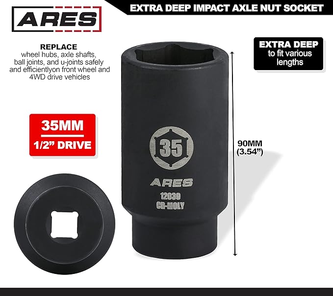 ARES 12039-35MM Axle Nut Socket - 6 Point Socket - Extra Deep 1/2-Inch Drive Impact Socket for Easy Removal of Axle Shaft Nuts