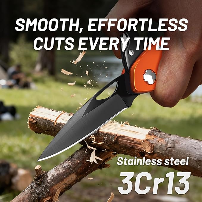 9 in 1 Multitool Carabiner Pocket Knife, Stocking Stuffers Gifts for Women, EDC Carabiners with Folding Knives, Bottle Opener, Window Breaker and Screwdriver, Survival Gear for Camping Hiking (Orange)