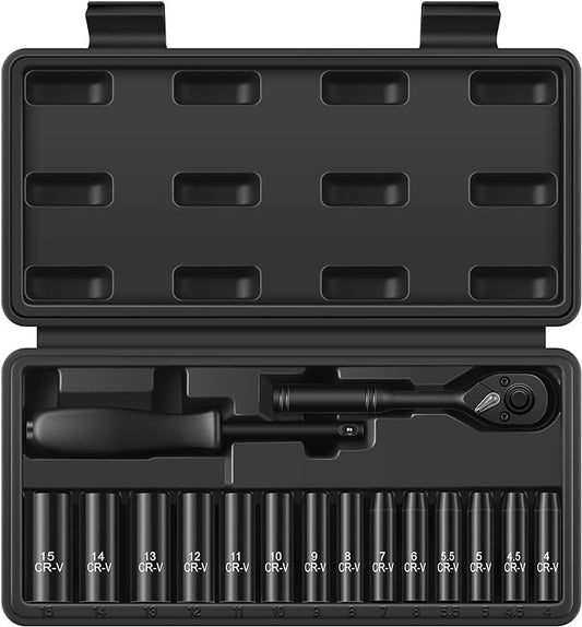 16-Piece 1/4" Drive Socket Set, Metric (4mm-15mm), Deep Sockets, 72-Tooth Ratchet Wrench, Drive Spinner Handle, 6 Point Design, Cr-V