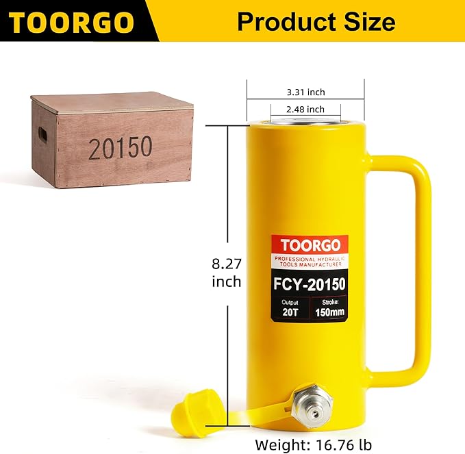 20T 6Inch Stroke Porta Power Single Acting Lifting Cylinder for Shipbuilding, Machinery and Industry,Automatically Retract Split Hydraulic Cylinders Tools, Yellow