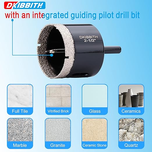 DKIBBITH 2-1/2" Diamond Hole-Saw Bits with Pilot Drill Bit - 2-1/2" Diamond Tipped Tile Hole Saws with Guiding Bit for Porcelain Tile Ceramic Pottery Granite Stone Glass Bottles 65mm.