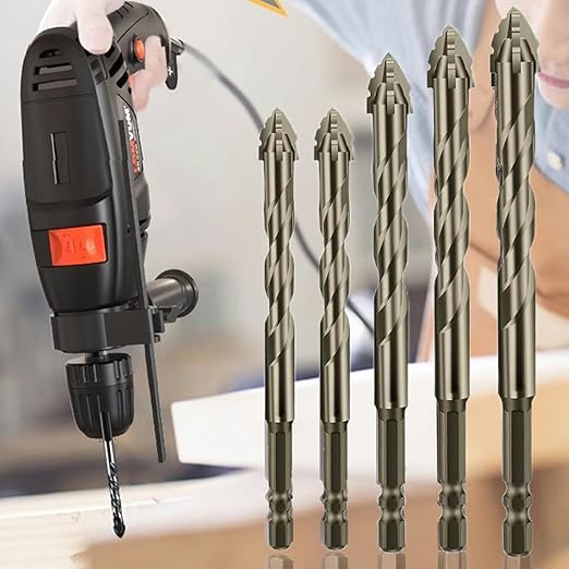 5 Piece Set of Four Flute Drill Bits High Hardness Eccentric Twist Drill Bits Set for Concrete Masonry Wood Stone Glass Ceramic Bricks Metal Plastic Sizes6/6/8/10/12