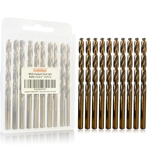 Luckyway 15/64" Cobalt Drill Bit (10 Pcs), Jobber Length Twist Drill Bit Set for Hard Metal, Stainless Steel, Cast Iron, Wood and Plastic, with Storage Case