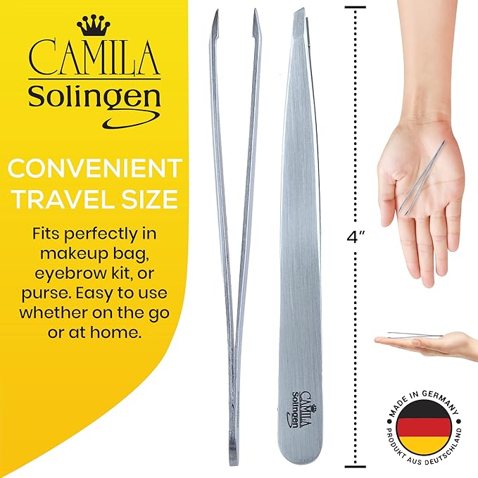 CS25 4" Professional Surgical Grade Stainless Steel Precision Tip Eyebrow Tweezers for Facial Hair Shaping & Removal. Beauty Tool for Men/Women. Made in Solingen Germany (Slanted)