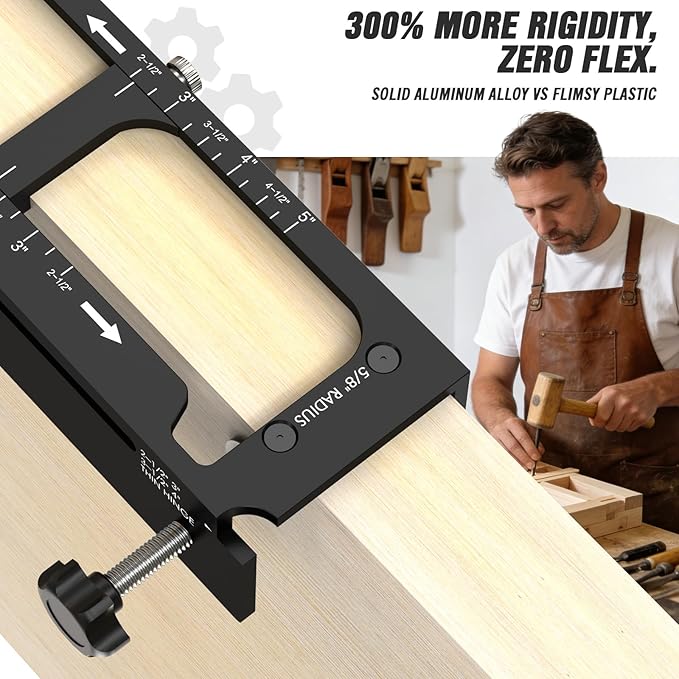 Door Hinge Jig, Pro Aluminum Alloy Router Template, Adjustable Mortising Jig for 2.5" to 5" Hinges, Compatible with 1/4" & 5/8" Radius and Square Corner Hinges