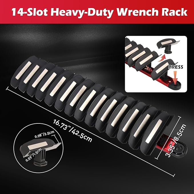 SEDY 14-Slot Magnetic Wrench Organizer Holder - Heavy-Duty Wrenchs Rack, Detachable Wrench Storage, Wall-Mounted Portable Tool Organizer for Toolbox Drawer Garages Workshops