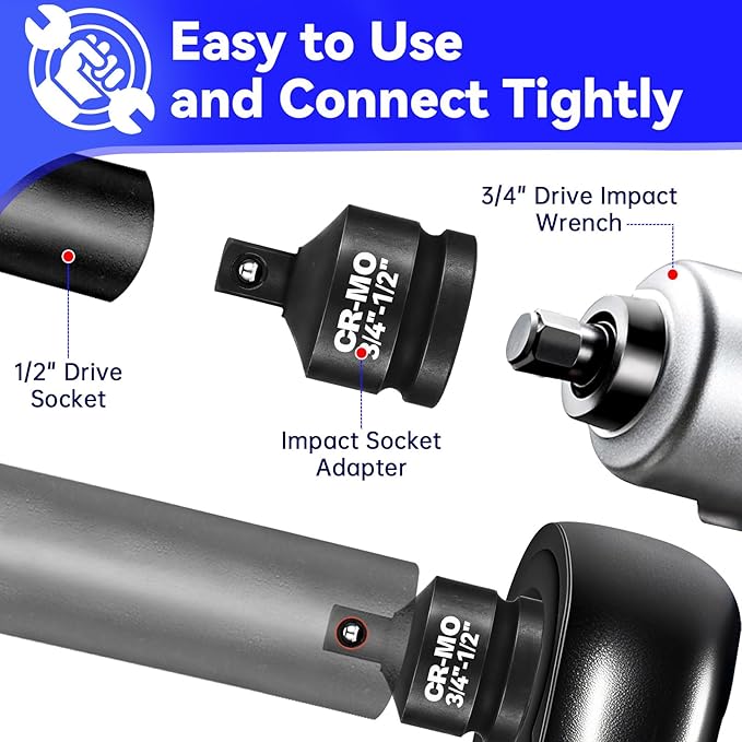 3/4" Female to 1/2" Male Impact Socket Adapter Reducer, Chrome Molybdenum Steel Driver Conversion Adapter, for Sockets and Impact Wrench