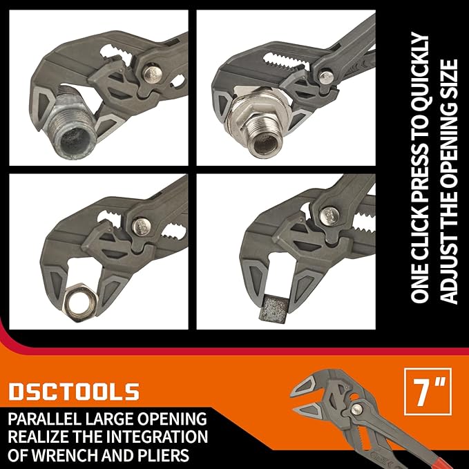 DSCTOOLS Multi-Use Adjustable Plier Wrench, Push Button Quick Adjust Tongue-and-Groove Pliers,Slip Joint Pliers, Plumbing Pliers (7/10/12Inch) (7"/175MM)