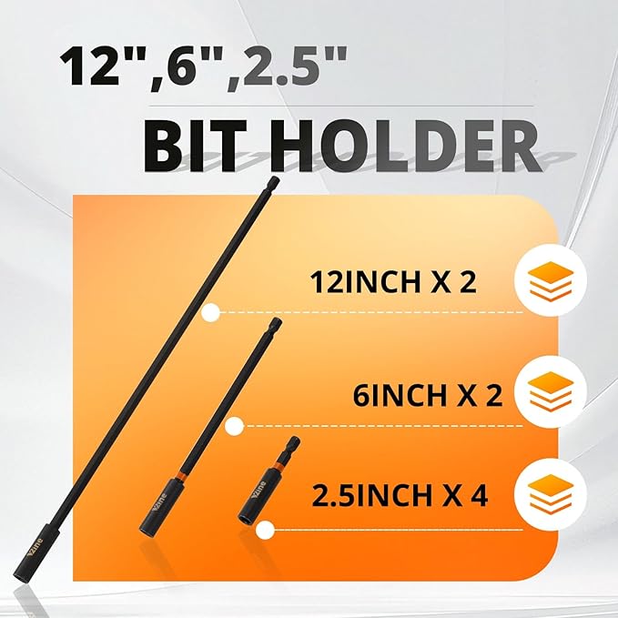 8 Pcs Strong Magnetic Impact Driver Bit Holder Extension Set:4 PCS 2.5 Inch Long + 2 PCS 6 Inch Long + 2 PCS 12 Inch Long Magnetic Screwdriver Bit Holder