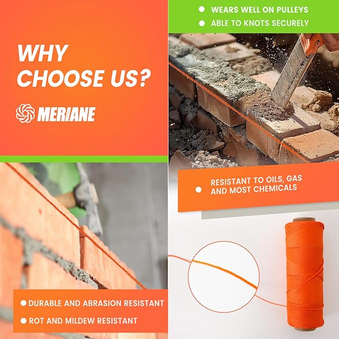 MERIANE Mason Line String Line Nylon Twine, 6 Rolls 500FT 18# Braided Twine String for Masonry Job, Level Lines in Construction, Gardening, Fluorescent Orange