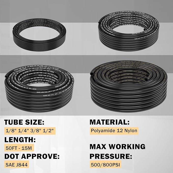 CheeMuii 124 PCS Brass DOT Air Line Fittings with 4 Roll 50FT 1/8" 1/4" 3/8" 1/2" DOT Air Lines Kit Push Lock Air Fitting Quick Connect Air Fittings with Air Hose Pneumatic Tubing