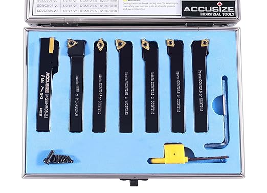 Accusize Industrial Tools 7-Ps Indexable Carbide Turning Tool Set, 1/2" Shank, C6 Grade TiN Coated Inserts, in Fitted Aluminum Case, 2387-2004