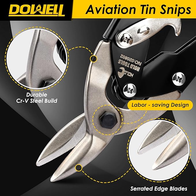 DOWELL 10 Inch Aviation Tin Snips Left, Heavy Duty Cut Metal Shears for Sheet Metal, Chrome Vanadium Steel Blade, Ideal for DIY Enthusiasts, Handymen and Industrial Repairs