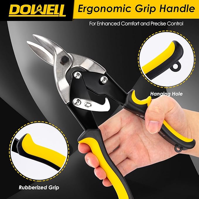 DOWELL 10 Inch Aviation Tin Snips Right, Heavy Duty Cut Metal Shears for Sheet Metal, Chrome Vanadium Steel Blade, Ideal for DIY Enthusiasts, Handymen and Industrial Repairs