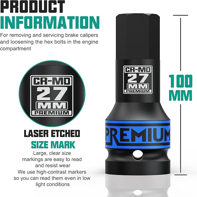 3/4" Drive H27 Impact Hex Bit Socket, 27 mm Allen Bit Socket, Metric, Cr-Mo Steel, Car Maintenance, Furniture Installation, Mechanic Use