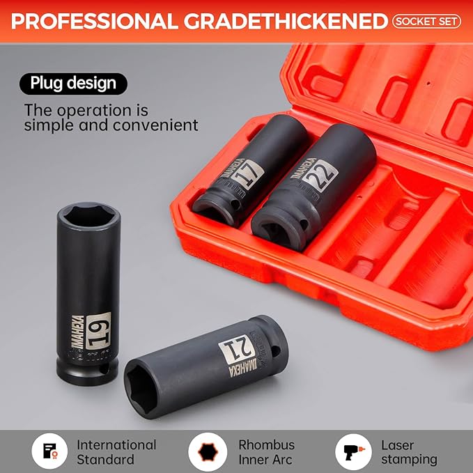 1/2" Drive Deep Large Impact Socket Set, 4-Piece Spindle Axle Nut Metric 6 Point Sockets Set, Metric Sizes(17,19,21,22mm),CO-MO Meterial