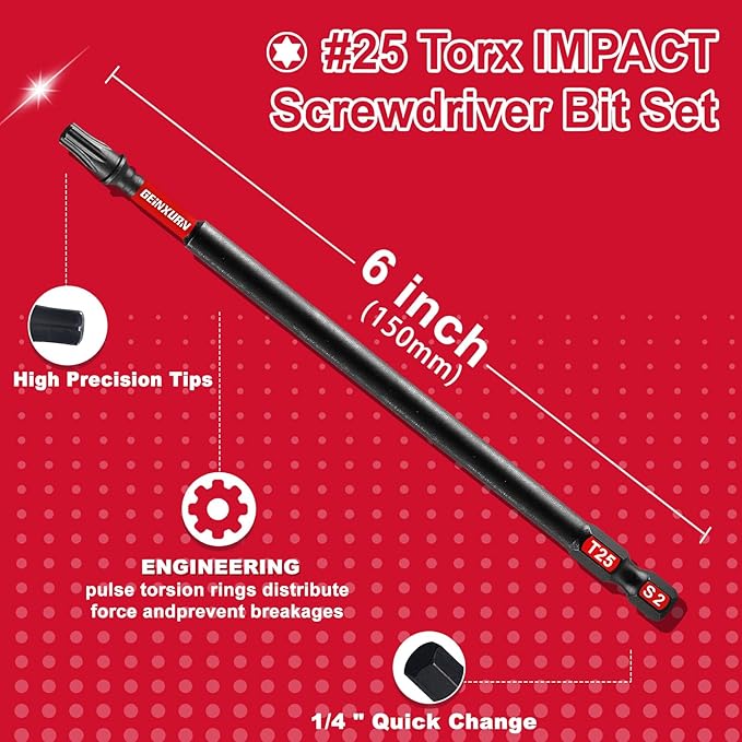 20Pack Impact Tough #25 Torx 6 in. Insert Driver Bits, Magnetic T25 Head Power Bits, S2 Alloy Steel T25 Screwdriver Bits Set Bulk