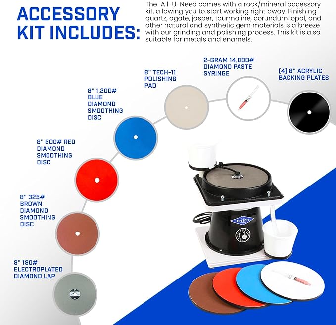 Hi-Tech Diamond 8" All-U-Need - Lapidary Equipment, Mineral & Stone Rock Shaping, Stone Grinder, Shaper w/ Variable Speed Motor & Polishing Machine Tool, Includes Mineral Rock Polishing Kit