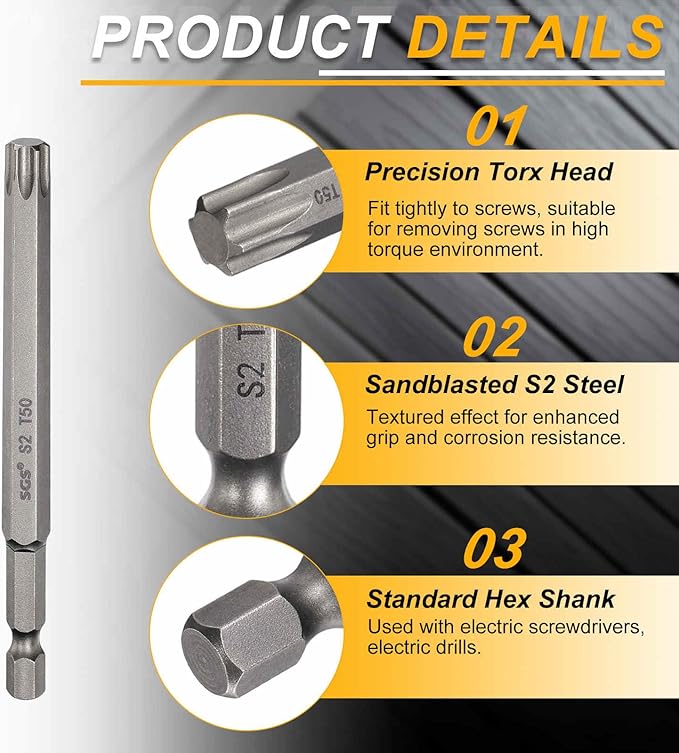HARFINGTON 2pcs T50 Torx Head Screwdriver Bit 1/4" Hex Shank 4" (100mm) Long Magnetic No Hole Tip Tamper Proof 6 Point Star Screw Driver Drill Bits S2 Steel Industrial Power Screwdrivers