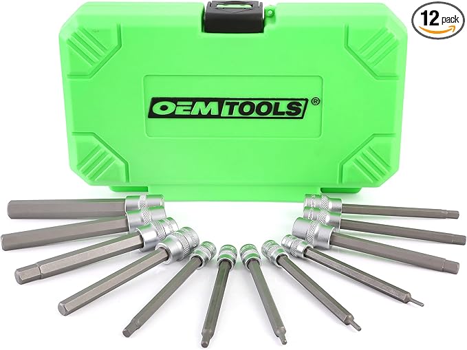 OEMTOOLS 23538 12-Pc Long Hex Socket Set, Metric Hex Bit Socket Set 1/4" and 3/8" Drive, 2mm-12mm S2 Steel Bits, Storage Case Included