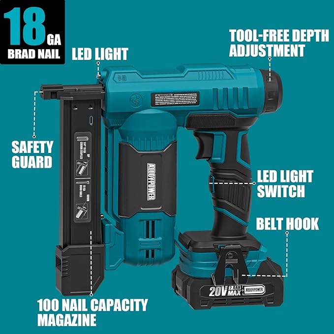 ALLOYPOWER 2 in 1 Cordless Brad Nailer/Electric Stapler with 2.0Ah Battery and Charger,1000pcs Nails and 500pcs Staples Included for Home Improvement & Woodworking