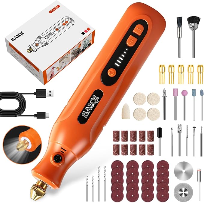 Electric Totary Cordless Tool Kit, Type-C Rechargeable 2000mAH, 6 Adjustment Speeds(5000-22000RPM), 59Pcs Accessories For DIY Crafting,SandingCarving,Sanding,Cutting (Orange-59 pcs Accessories)