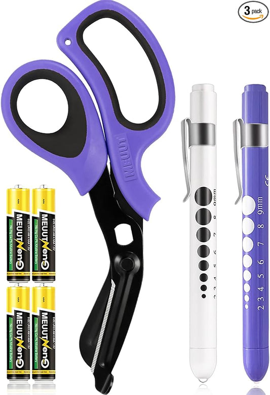 MEUUT 3 Pack Pen light & Medical Scissors-One Pantented Trauma Scissor Two LED Penlight with Pupil Gauge -8" Bandage Scissor for Nurse Doctor EMT