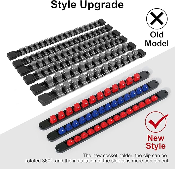 FIVEPEARS 6PCS 360째 Socket Organizer Twist Lock,3/8 1/4 1/2 Socket Storage Rails, Premium Quality Socket Holders for Tool Box 竊똖ool Carts竊똂ontains up to 80 Clips (Blue & Red)
