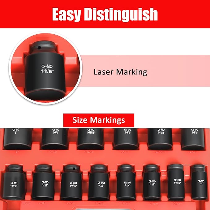 3/4 Inch Drive Deep Impact Socket Set,6-Point,SAE Sizes(1??2??,14 PCS,Cr-Mo Steel,Heavy Duty Impact Sockets for Automotive & Industrial Machinery,With a Storage Case