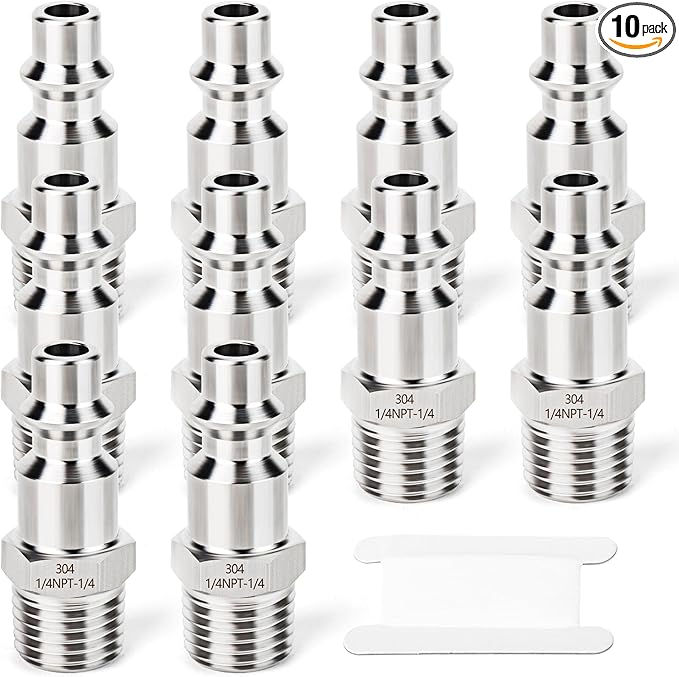GASHER 10PCS 304 Stainless Steel 1/4"NPT Male, Industrial Air Plug, 1/4" High Flow Pneumatic Plugs