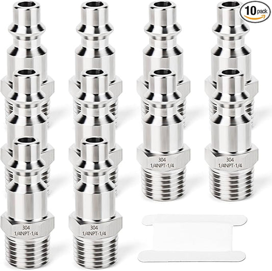 GASHER 10PCS 304 Stainless Steel 1/4"NPT Male, Industrial Air Plug, 1/4" High Flow Pneumatic Plugs