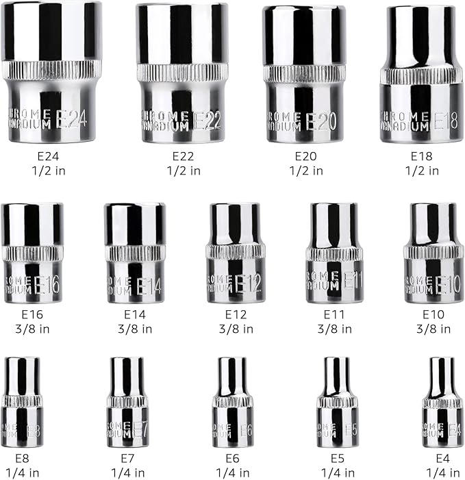 Amazon Basics 14-Piece External Torx Socket Set, E4?밇24, 1/4", 3/8", 1/2" Drive, with Storage Case