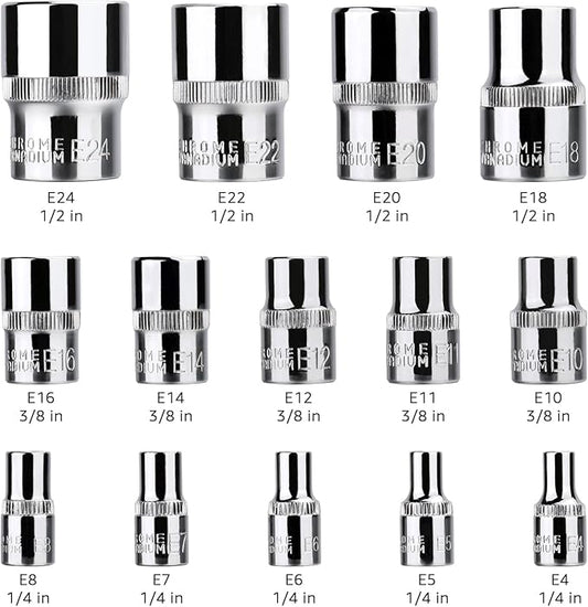 Amazon Basics 14-Piece External Torx Socket Set, E4?밇24, 1/4", 3/8", 1/2" Drive, with Storage Case