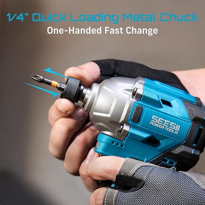 SEESII 16.8V Impact Driver Kit, 1/4" Hex Cordless Impact Driver Set & 2횞2.0Ah Batteries, 150N.m Max Torque(1327 In-lbs) Brushless Power Impact Driver w/ 16Pcs Drill Bits, 0-3300RPM Variable Speed