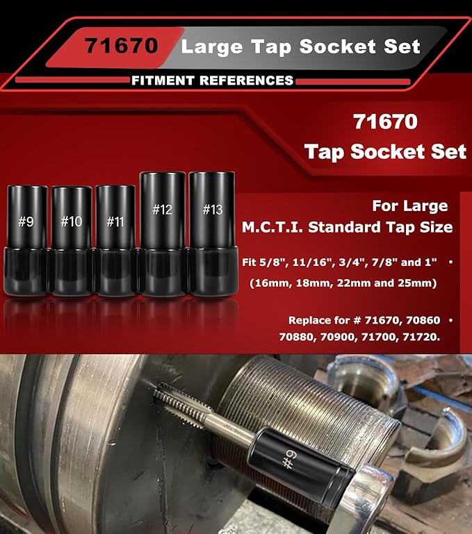 71670 Large Tap Socket Set, 5 PC. Tap Socket Adapter Compatible with M.C.T.I. Standard Taps 5/8", 11/16", 3/4", 7/8" and 1" (Number and Fractional)