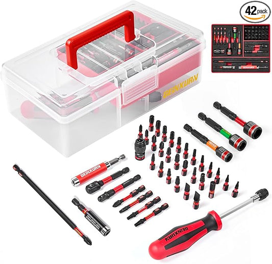 42Pcs Impact Screwdriver Set,Impact Screwdriver Bit Set Phillips/Hex/Torx/Square/Slotted Insert Power Bits Tips,Impact Nut Driver,Bit Holder and Screwdriver Handle with Red Storage Box Case