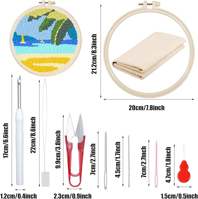 Woohome Punch Needle Kit Included Plastic Hoops, Punch Needle Cloth, Color Yarn and Punch Needle Tools for Adults, Beginners (Lighthouses, Sailboats, Blue Sky)
