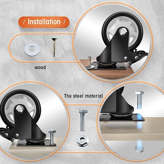 Casters, 4" Caster Wheels竊똂asters Set of 8 Heavy Duty - ASRINIEY Black Polyurethane Castors, Top Plate Swivel Wheels, 8-Pack Industrial Casters with Brake, Locking Casters for Furniture and Workbench