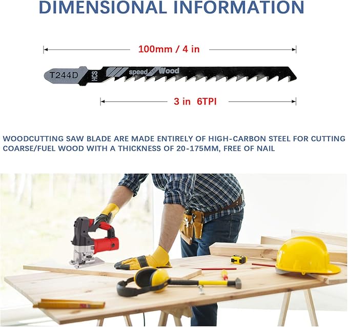 TAROSE 20-Piece T244D 4 Inch 6 TPI Assorted T-Shank Jig Saw Blades Set for Speed Cutting Wood, Scroll Cutting Wood